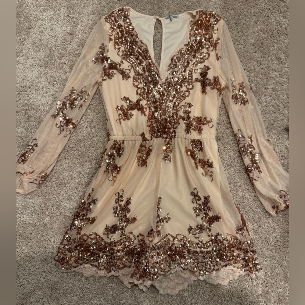 Charlotte Russe Cream and Brown Sequin Romper